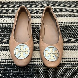Tory Burch Tan Flats with Gold Logo